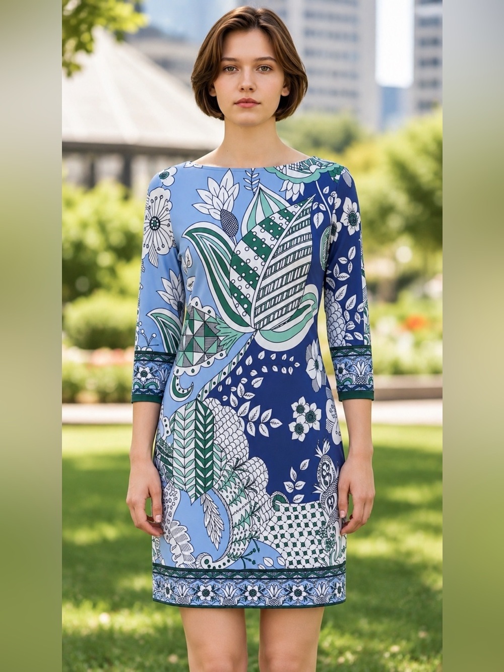 London Times Blue and Green Long Sleeve Printed Shift Dress